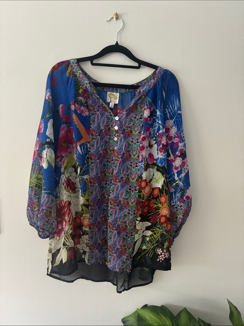 Fig and Flower Boho Floral Colorful Peasant Blouse - Lightweight Long Sleeve Top